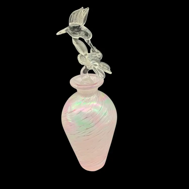 BIN - Iridescent Pink & White Swirl Art Glass Perfume Bottle With Hummingbird And Flower Stopper 7.5”