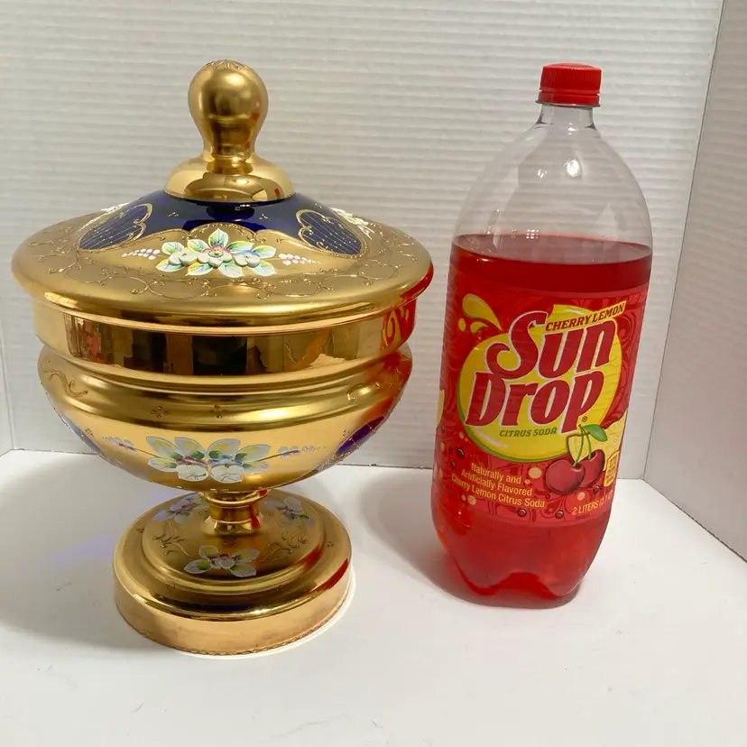 Large Bohemian Czech Covered Dish Cobalt Blue Raised Floral & Gilt Foliage 13x9