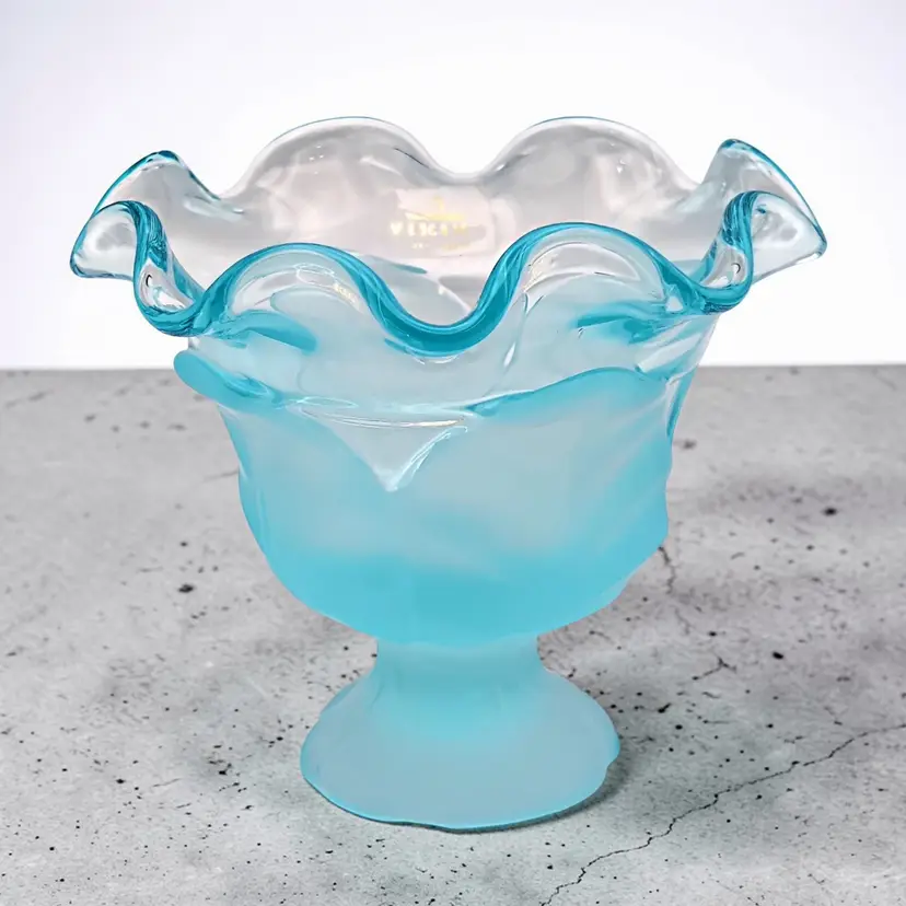 Vintage Viking Spring Blue Satin Crimped Cabbage Leaf Compote Bowl Candy Dish