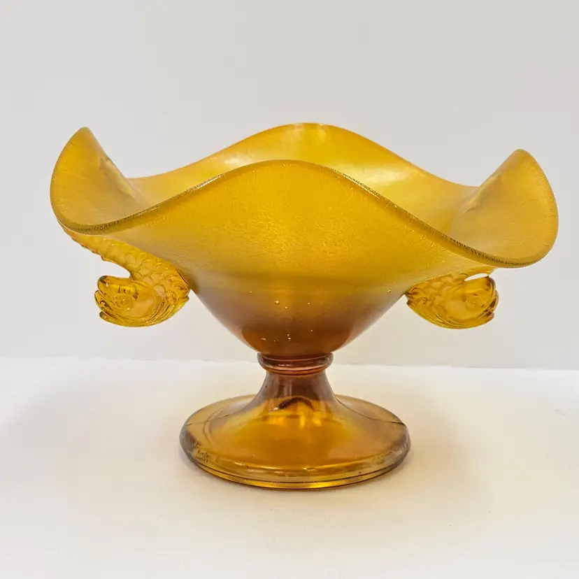 Vintage Fenton Tangerine Stretch Glass Pedestal Compote Bowl Dolphin Figures UV Glow