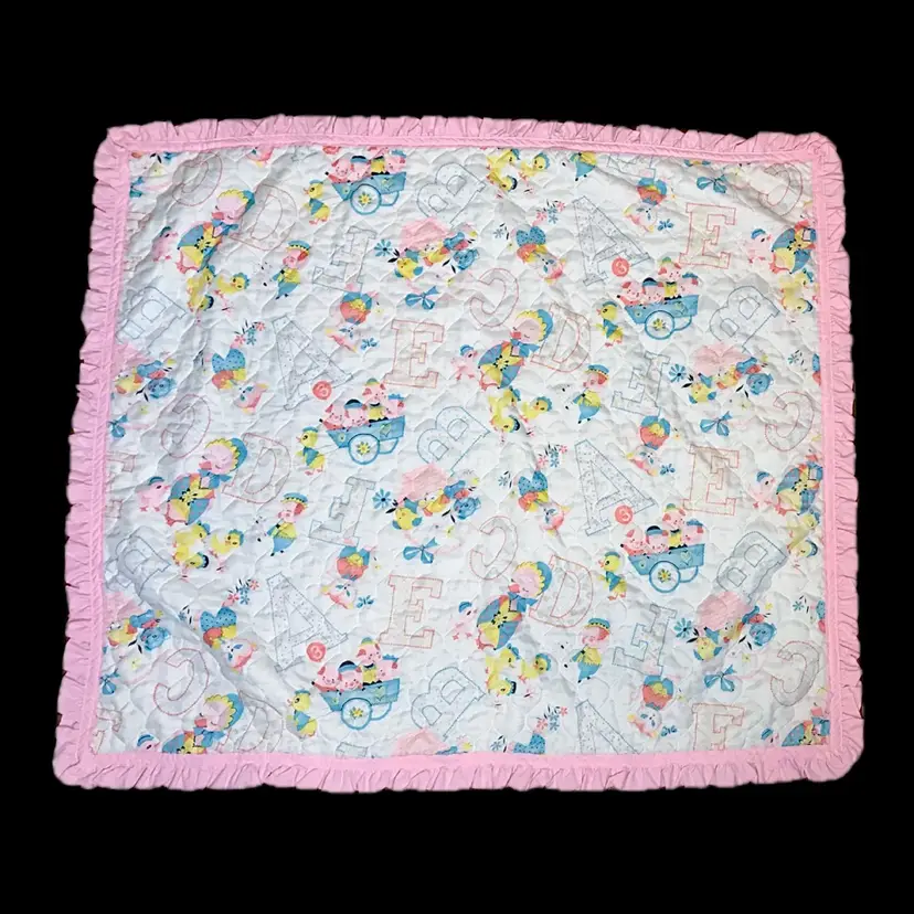 Vintage Handmade 50s Style Animals Baby Quilt Blanket Pink Trim Whimsical Retro