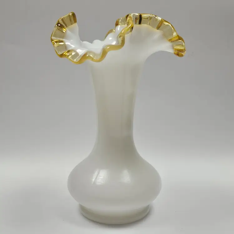 VTG 8" Double Crimped Ruffle Fenton Gold Crest Milk Glass Vase Transparent Gold