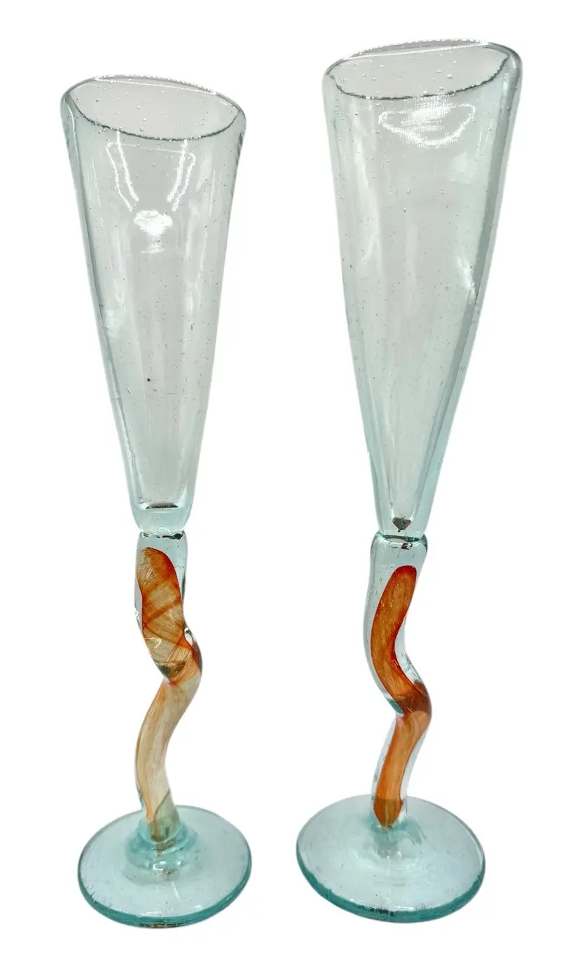 Set of 2 Hand Blown Art Glass Champagne Flute Orange Swirl Stem Bubbles 10.25”