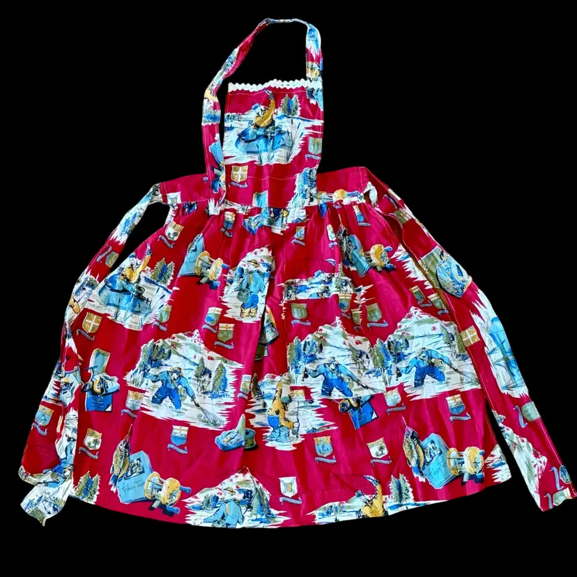 Vintage Red Fly Fishing Angler Rick-Rack Canadian Provinces Handmade Apron