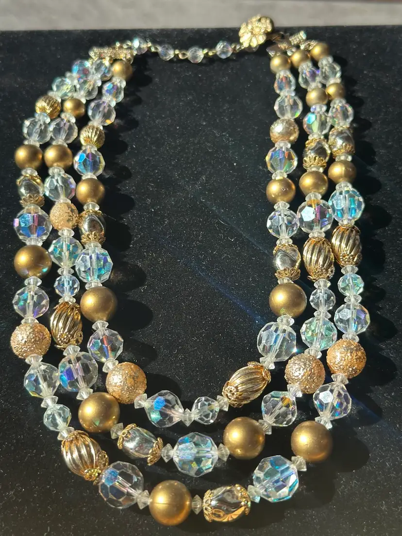 Vendome AB Crystal & Gold Tone  Triple Strand Necklace