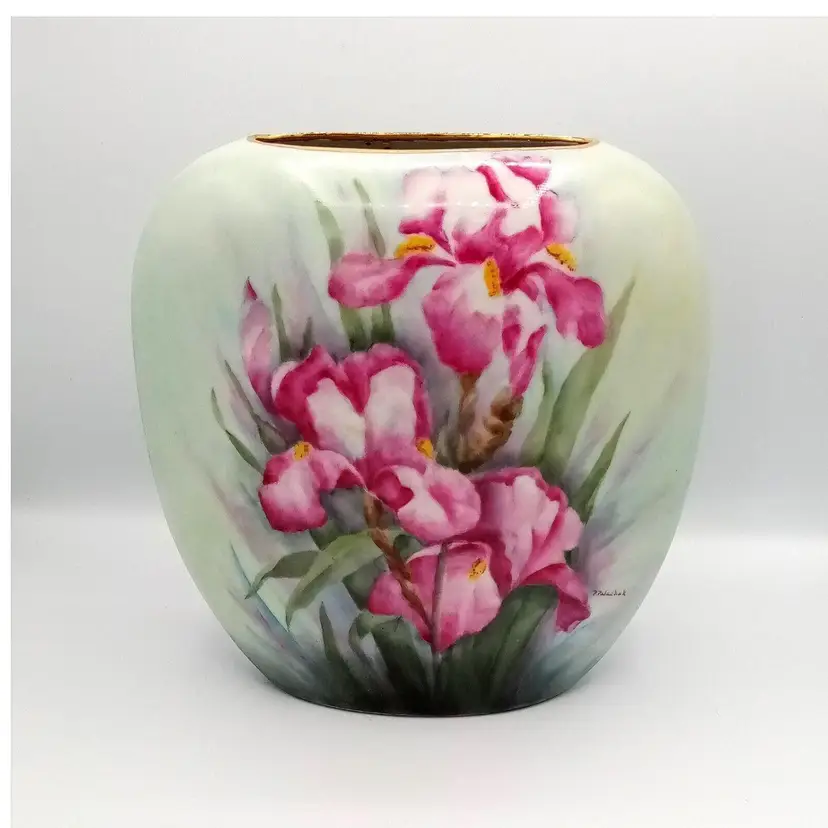 #003 - Vintage Pillow Vase, Hand-Painted Iris, Signed P. Palachak