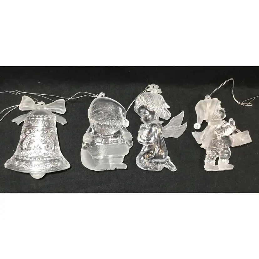 Christmas ornaments, lot of 4, "Frosted Ice" clear acrylic, bell, angel, Santa