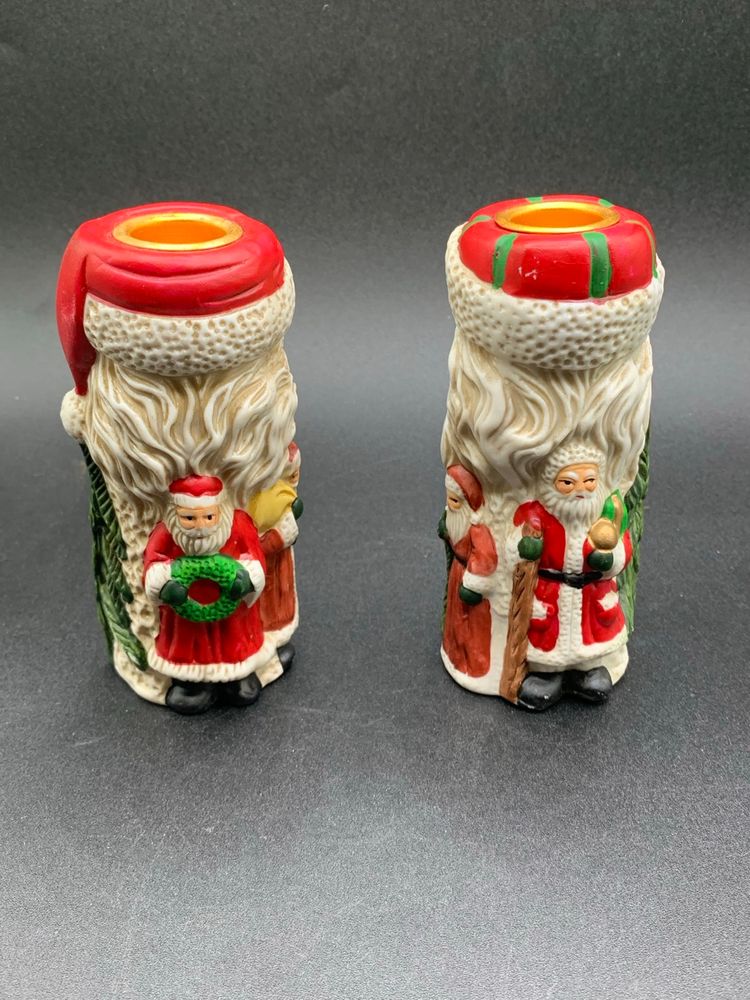#01 CHRISTMAS SANTA CLAUS 5 INCH TAPER CANDLE HOLDER SET OF 2. Vintage