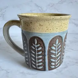 Vintage Stoneware Blue & Brown Floral Coffee Mug Speckled Pottery