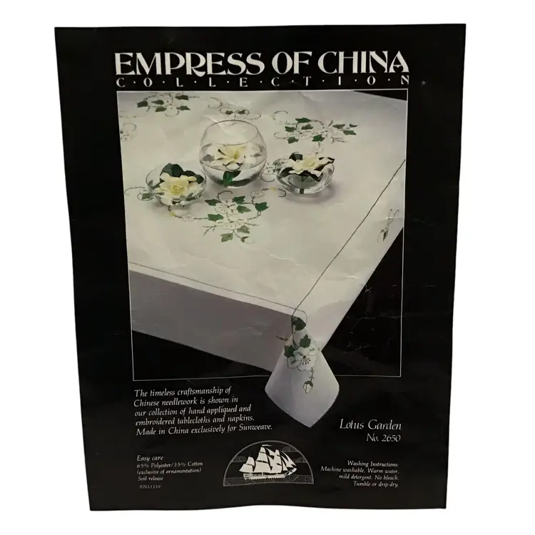 Vtg Empress China Lotus Garden 48”x48” Tablecloth & Napkins Embroidered Cottage