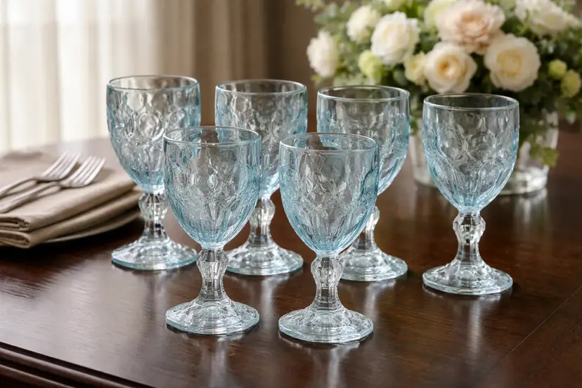 Set of 6 Vintage Fostoria Moonstone Light Blue Wine or Water Glass/Goblet