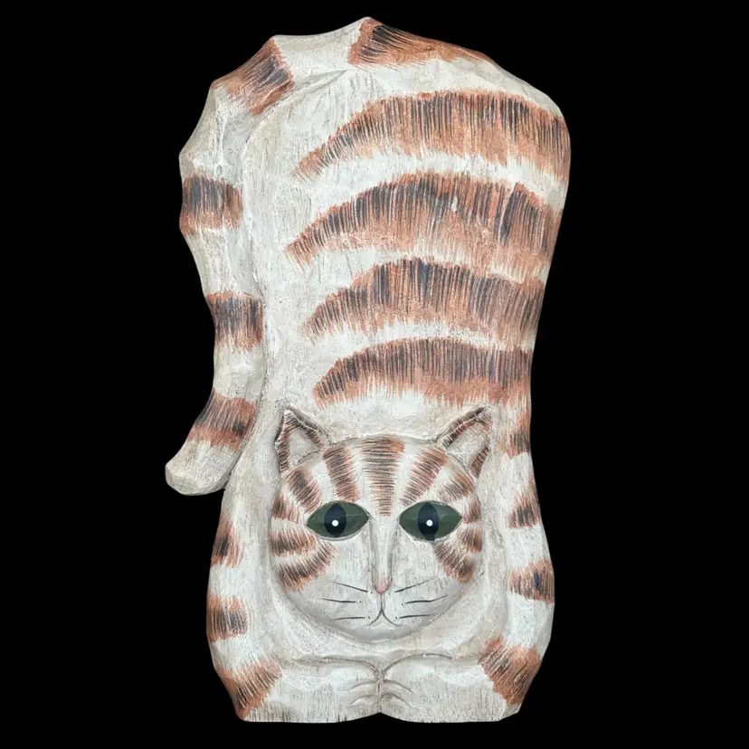 "Big Stretch" Wooden Hand Carved Cat-The Boyd Collection: Decoys Signed J. Dudley 13.5"T 7.5"H 1"W