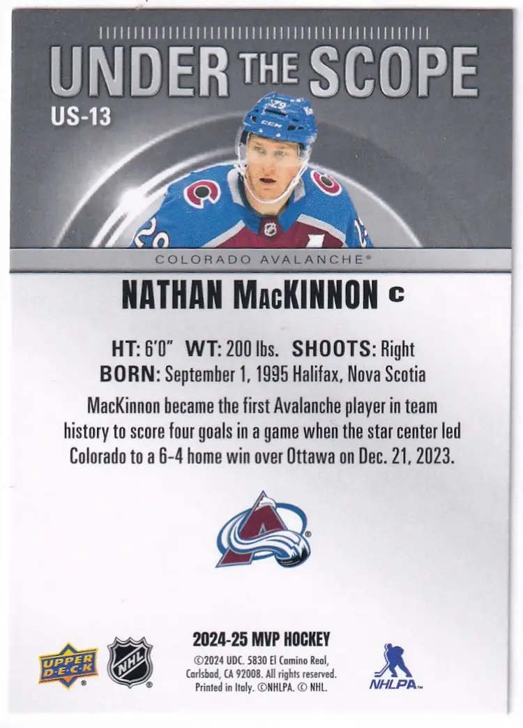 2024-25 Upper Deck MVP Under the Scope #US13 Nathan MacKinnon Colorado Avalanche Hockey Card