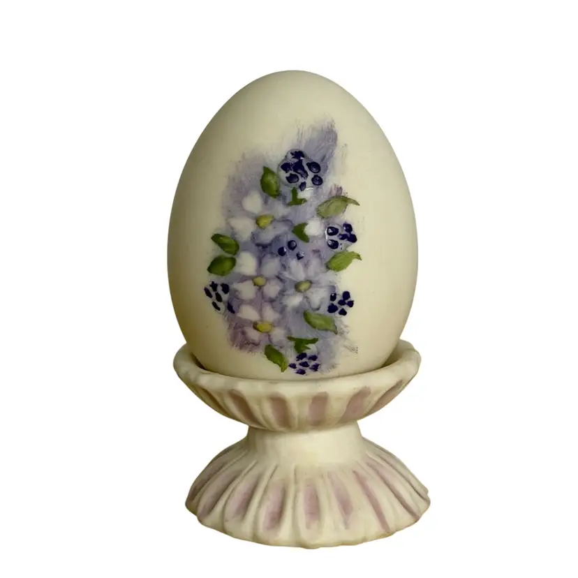 Vintage Bisque Porcelain Egg W/Stand Small Hand painted Floral Easter Egg Purple/Lavender Flowers Shelf Art
2.75” T W/Stand x 1.5” W