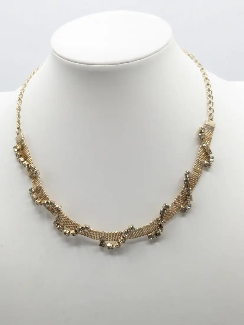 Vintage Mesh Chain Necklace with Rhinestone Accents Gold Tone