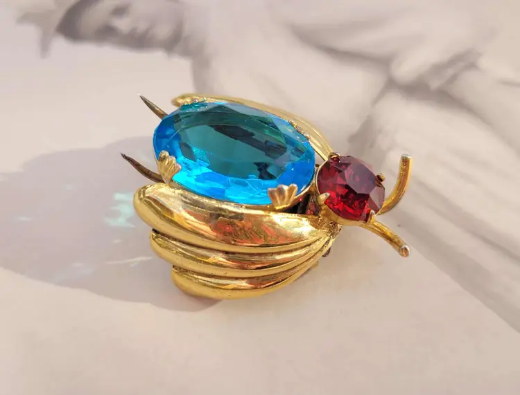Vintage Sterling Silver Gold Vermeil Blue & Red Bug Insect Dress Fur Clip Pin