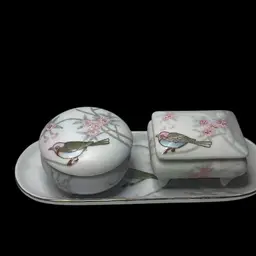 Read - A Beautiful Small Vanity Set With An Under Plate And Two Trinket Dishes. Elegantly Hand Painted Cherry Blossoms And A Colorful Bird. So according To My Research These Pieces Would Date Back To 1921 Or Earlier. I Also Concluded That Someone At Sometime Didn’t Know What Or Where They Were Made And This Why We See Shiny “New” Made In China Stickers Attached. The “M” Inside The Wreath Means Morimura Bros. Technically These Are Considered Antique Instead
Of Vintage.