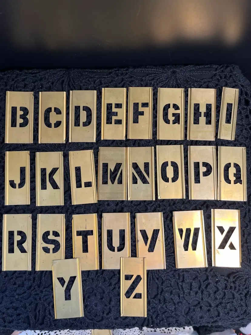 COMPLETE SET of VINTAGE BRASS Stencil Set-1" Letters & Figures. Mfg by General Stencils, Inc, Brooklyn, NY-Includes Original Box