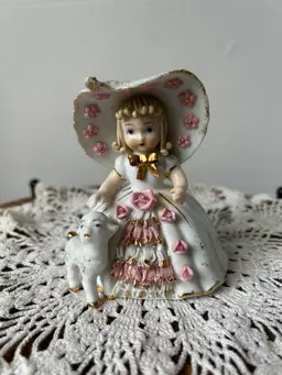 Vintage Lefton China Ceramic Mary Had A Little Lamb KW1052 Hand Painted Spaghetti And Gold Trim 1950s