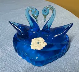 Ozark Studios Art Glass Blue Swans w/  White Rose signed Gene Center 1991