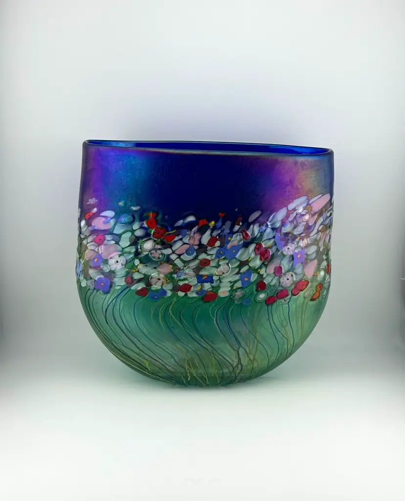 Robert Held Art Glass Hand Blown Blue Poppy Oval Vase 8”x 3.25”x 8”
