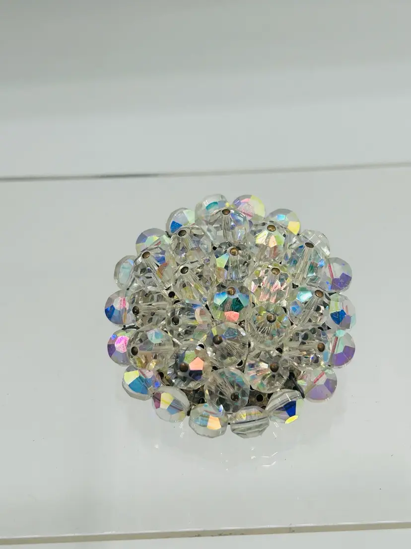 Vintage Domed AB Aurora Borealis Crystal Glass Beads Cluster Pin Brooch