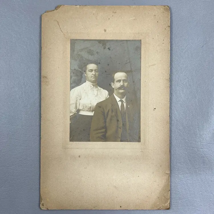 Antique Photo Cabinet Card Couple Man Large Mustache Woman High Neck Blouse