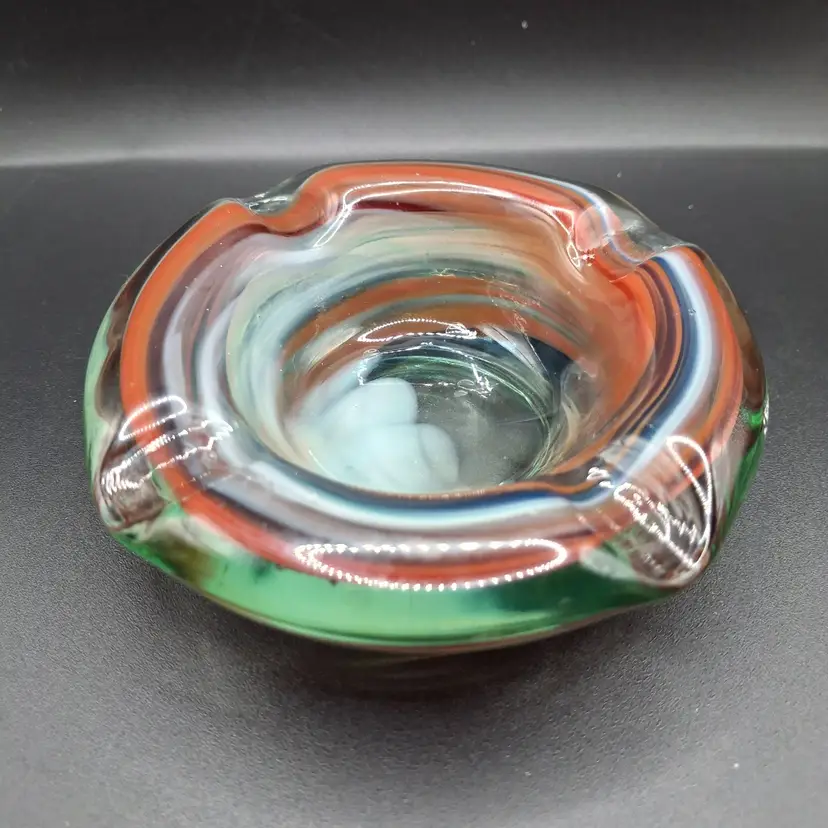 Vintage Murano Hand-Blown Glass Ashtray Multicolor Swirl Design No Rough Edges