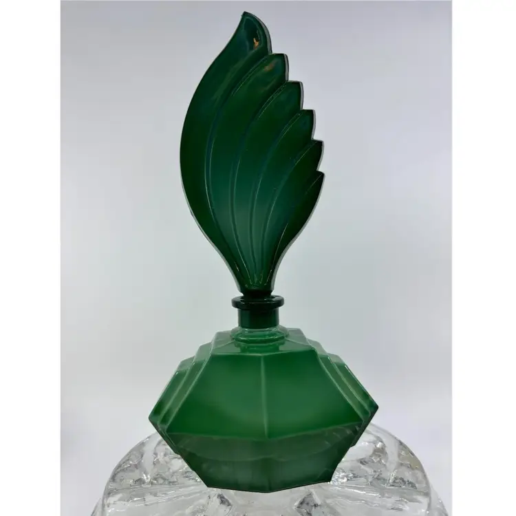 Vintage Art Deco Style Czech Glass Green Malachite Perfume Bottle W/ Stopper 7.75”