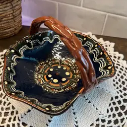 Handmade pottery basket, gorgeous navy and brown pottery basket with braided handle, vintage pottery basket