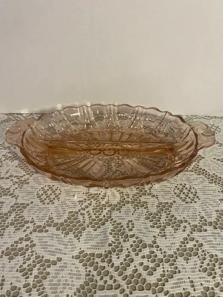 Vintage Pink Depression Glass Divided Scallop Relish Serving Dish 12 x 7.5"
