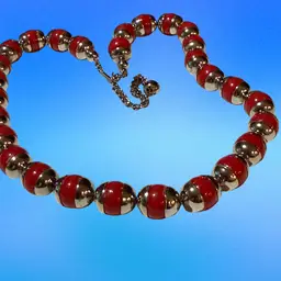 Vintage Chunky Red Acrylic Beaded Necklace w Silvertone Accents