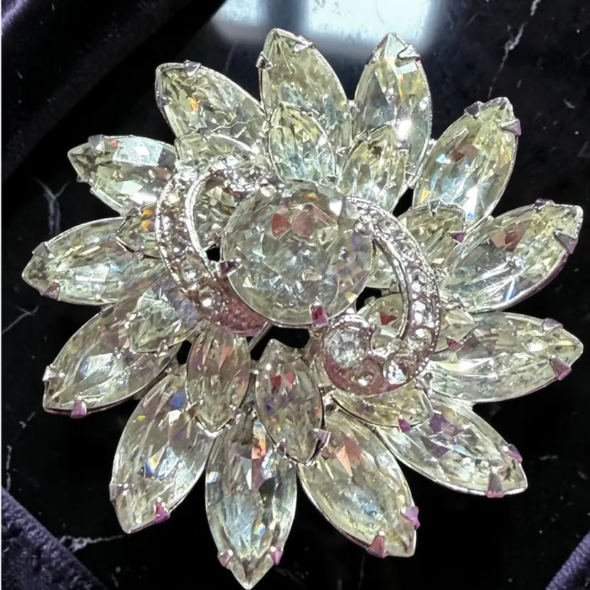 EISENBERG Ice Crystal Rhinestone Rhodium Plated Silver Tone Floral Brooch - 2”