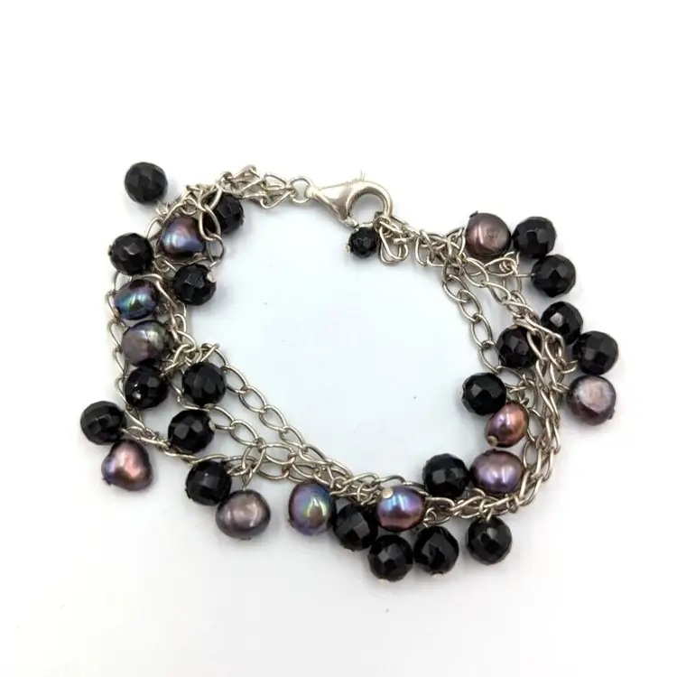 Sterling Silver Baroque Peacock Pearl And Onyx Bracelet 925 3 Strand Cha Cha