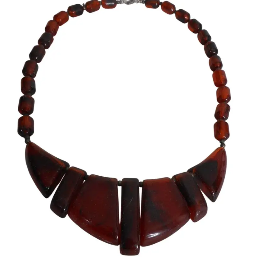 Vintage 1980s Tortoise Amber Acrylic Bib Necklace Articulated Geometric Fan