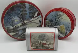 3 VTG Currier and Ives- 2 tins & 1 Mailbox Grist Mill-Amer Homestead-Winter Moon