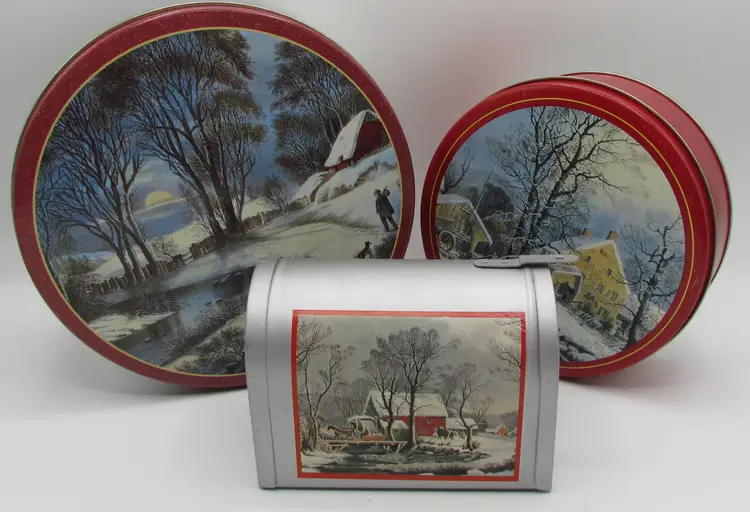 3 VTG Currier and Ives- 2 tins & 1 Mailbox Grist Mill-Amer Homestead-Winter Moon