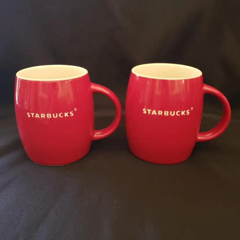 STARBUCKS Coffee Cups Mugs 14 oz Red Barrel Shape 2011 Set Of 2 Engraved Letters