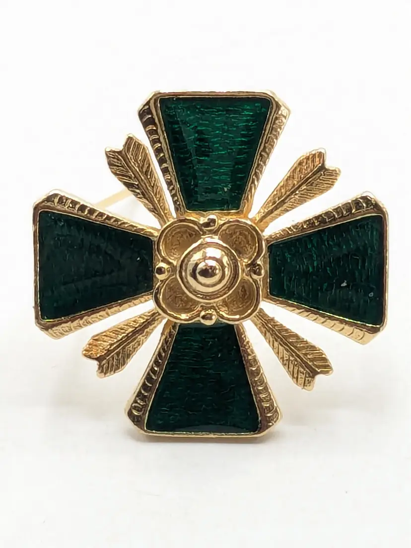 Vintage Gold Tone Maltese Cross Brooch Pin Green Guilloche Enamel