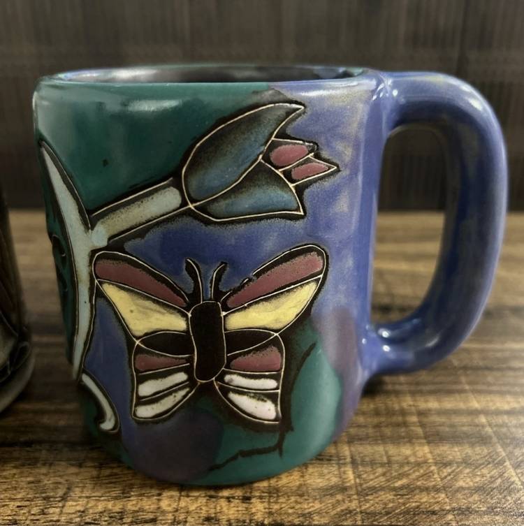 Mara Mexico Art Pottery Stoneware Mugs Signed Owl Butterflies 16 oz Set Of 2