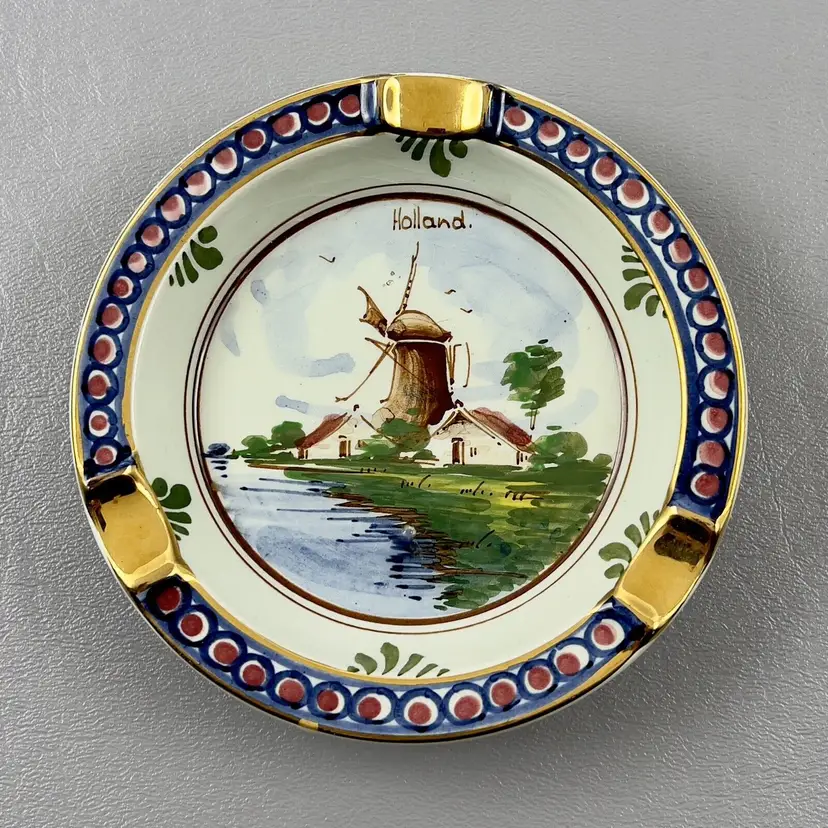 Vintage Holland Ceramic Ashtray Windmill Gold Trim 3 Slot