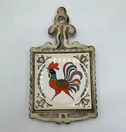 Vintage Metal And Tile Trivet - Colorful Rooster - Made In Japan Wall Hanger
