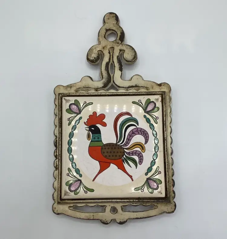 Vintage Metal And Tile Trivet - Colorful Rooster - Made In Japan Wall Hanger