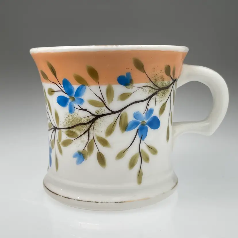 Hand Painted Blue Orange Floral Porcelain Shaving Mug Antique Victorian Vanity READ 3.5"