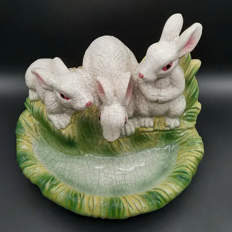 Bunny Rabbits Crackle Finish Dish Bird Feeder Planter