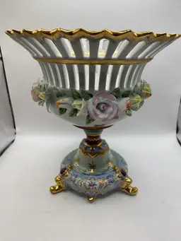 Porcelain Vase Capodimonte Style Flowers Gold Limoges Compote Centerpiece Gift