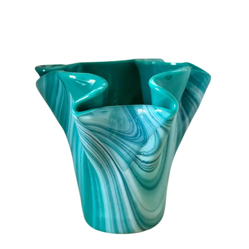Fused Art Glass Handkerchief Vase Turquoise & White Swirl
4.75” T x 5” W