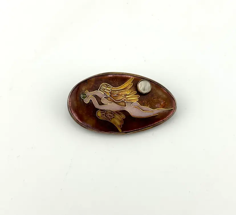 Vintage Enamel Angel Brooch With Moonstone and Tourmaline 1.75” x 1”