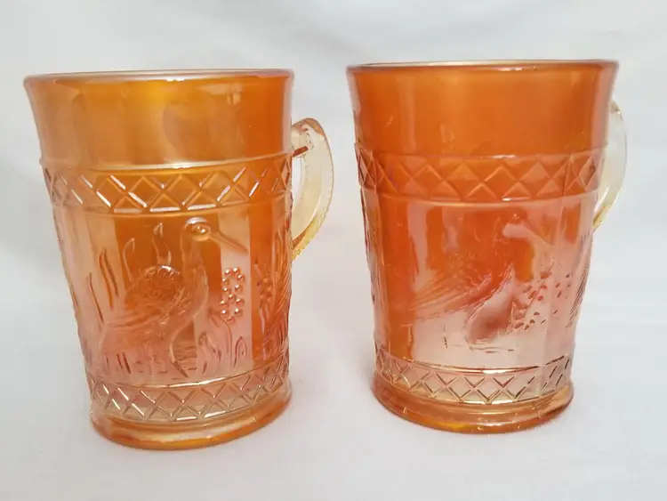 Antique Dugan Marigold Carnival Glass Stork & Rushes Lattice Mugs
