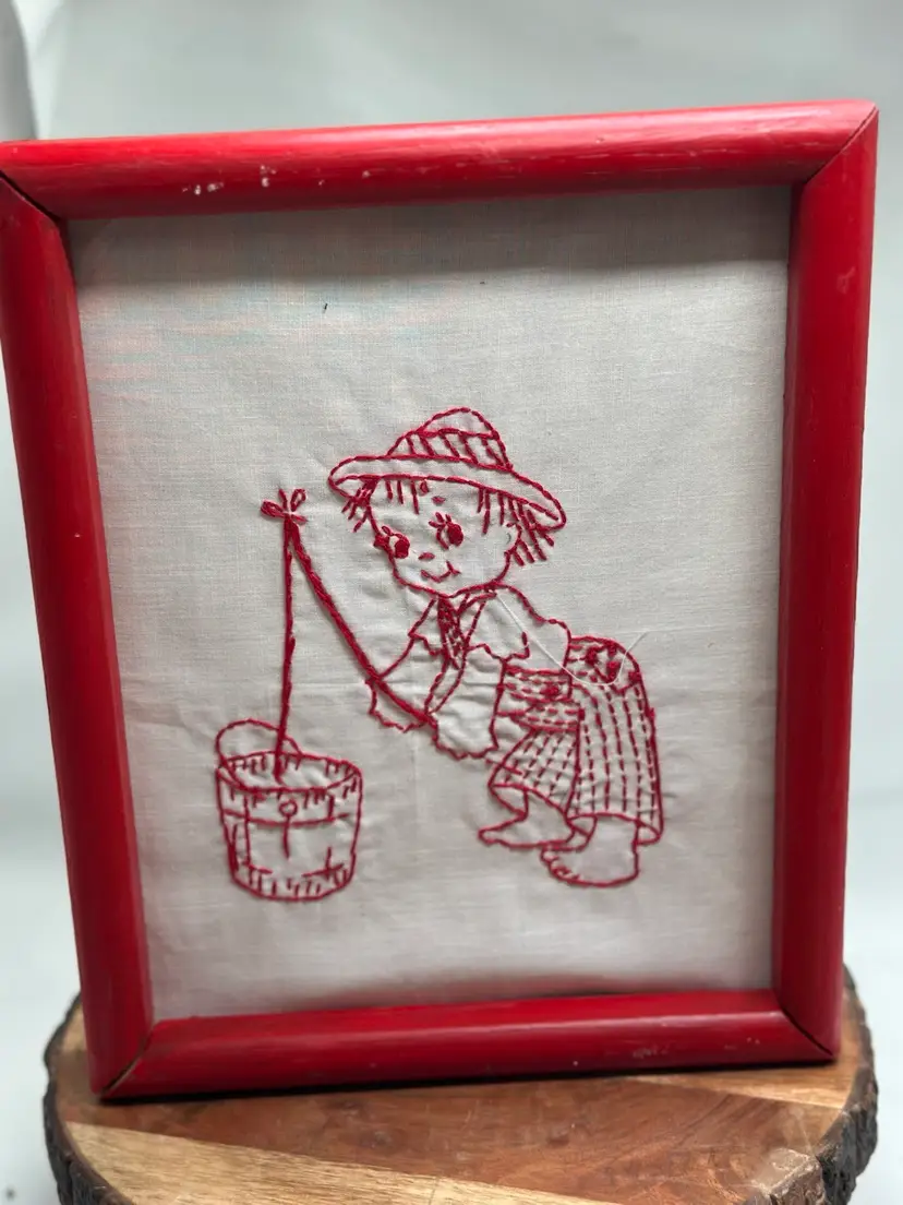 Vintage 2 Handmade Embroidery Solid Wood Frames Kitschy Adorable